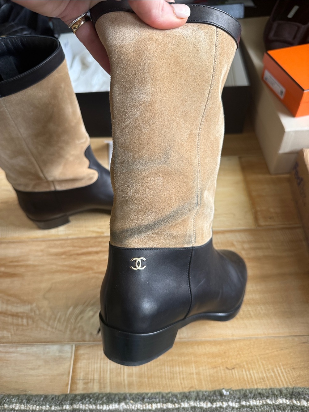 CHANEL Two-Tone Black Leather and Beige Suede Mid-Calf Lace-Up Boots - Picture 7 of 14
